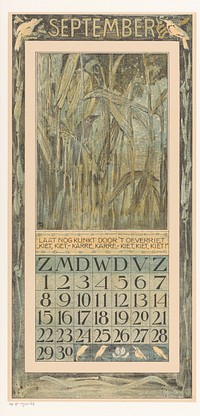 Kalenderblad september met vogel in het riet (1906) by Theo van Hoytema, Tresling and Comp and Theo van Hoytema