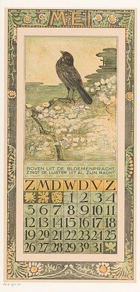 Kalenderblad mei met merel (1906) by Theo van Hoytema, Tresling and Comp and Theo van Hoytema