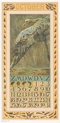 Kalenderblad oktober met vliegende vogel (1907) by Theo van Hoytema, Tresling and Comp and Theo van Hoytema