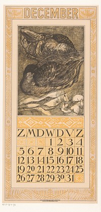 Kalenderblad december met twee slapende eenden (1908) by Theo van Hoytema, Tresling and Comp and Theo van Hoytema
