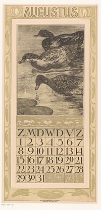 Kalenderblad augustus met drie zwemmende eenden (1908) by Theo van Hoytema, Tresling and Comp and Theo van Hoytema