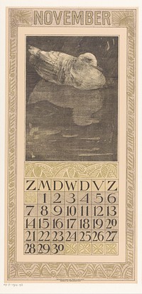 Kalenderblad november met drijvende eend (1908) by Theo van Hoytema, Tresling and Comp and Theo van Hoytema