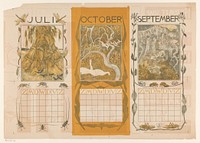 Kalenderbladen van juli, oktober en september, met korenschoven, zwanen en konijnen (1901) by Theo van Hoytema