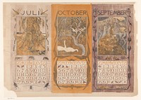 Kalenderbladen van juli, oktober en september, met korenschoven, zwanen en konijnen (1901) by Theo van Hoytema
