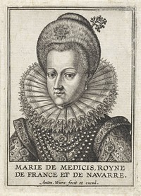 Busteportret van Maria de' Medici, koningin van Frankrijk (1565 - before 1604) by Antonie Wierix II, Leonard Gaultier and Antonie Wierix II