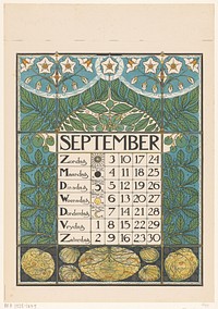 Kalenderblad voor september 1899 (1898) by Theo Nieuwenhuis and Scheltema and Holkema s Boekhandel