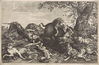 Jacht op een wild zwijn (1665 - 1670) by J Zaal, J Zaal, Frans Snijders and Gerard Valck