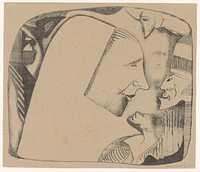 Fantasie: diverse profielen, in het midden een grote kop met 'lege' kap, naar rechts gewend (1920) by Samuel Jessurun de Mesquita