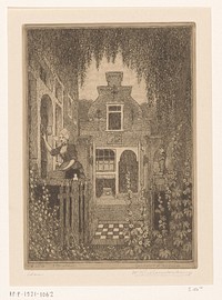 Vrouw in klederdracht die op een voordeur klopt in Edam (1914) by Wijnand Otto Jan Nieuwenkamp