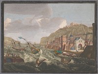 Gezicht op een zuidelijke haven met schepen en boten op het woeste water (1700 - 1799) by anonymous, Pierre Maleuvre and Ludolf Bakhuysen