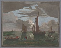 Gezicht op een kust met schepen en boten op het water bij maanlicht (1753 - 1797) by Pierre François Basan, Pierre Fouquet, Pierre Jacques Duret and Aert van der Neer