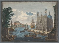 Gezicht op een gotische kathedraal aan het water (1760) by Jean Moyreau, Jean Moyreau, Grevenbroek and Lodewijk XV koning van Frankrijk