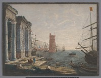 Gezicht op een haven met schepen en boten op het water (1752) by Thomas Major, Thomas Major, Claude Lorrain and Thomas Major