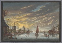 Gezicht op de oude jachthaven te Amsterdam, gezien richting het bolwerk Leeuwenburg ofwel Blauwhoofd (1753 - 1799) by Pierre Fouquet, Simon Fokke and Simon Fokke