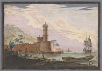Gezicht op een haven met een toren aan de waterkant (1700 - 1799) by anonymous and anonymous