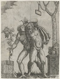Silenus ondersteund door een jonge bacchant (1520 - 1575) by anonymous, Marcantonio Raimondi, Rafaël and Giulio Romano
