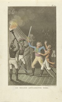 Twee figuren met zwaarden bij twee zwarte mannen (1820) by Willem Hendrik Hoogkamer, Willem Hendrik Hoogkamer and Cornelis Ludovicus Schleijer