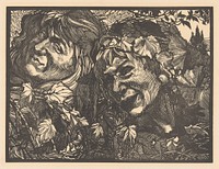 Twee bacchanten omgeven door wingerdbladeren (1881 - 1934) by Johannes Josephus Aarts