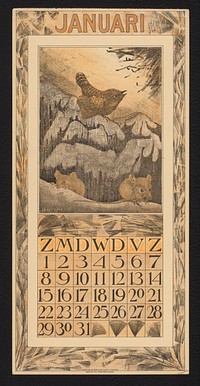 Kalenderblad voor januari 1911 met winterkoning en muizen (1910) by Theo van Hoytema, Theo van Hoytema and Tresling and Comp