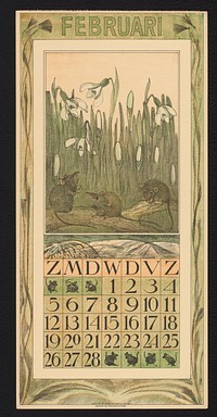 Kalenderblad voor februari 1911 met muizen en sneeuwklokjes (1910) by Theo van Hoytema, Theo van Hoytema and Tresling and Comp