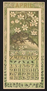 Kalenderblad voor april 1911 met een pad onder bloesem (1910) by Theo van Hoytema, Theo van Hoytema and Tresling and Comp