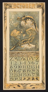 Kalenderblad voor oktober 1911 met salamanders en paddenstoelen (1910) by Theo van Hoytema, Theo van Hoytema and Tresling and Comp