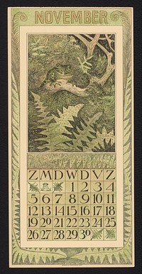 Kalenderblad voor november 1911 met een kikker in het bos (1910) by Theo van Hoytema, Theo van Hoytema and Tresling and Comp
