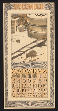 Kalenderblad voor december 1911 met muizen in een sneeuwlandschap (1910) by Theo van Hoytema, Theo van Hoytema and Tresling and Comp