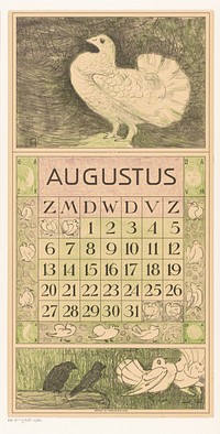 Kalenderblad augustus met witte duif (1915) by Theo van Hoytema, Tresling and Comp and Firma Ferwerda en Tieman