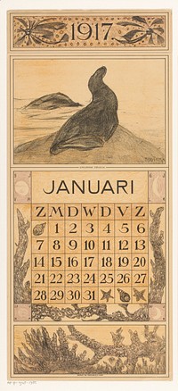 Kalenderblad januari met zeeleeuw (1916) by Theo van Hoytema, Tresling and Comp and Firma Ferwerda en Tieman