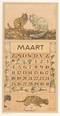Kalenderblad maart met twee katten (1916) by Theo van Hoytema, Tresling and Comp and Firma Ferwerda en Tieman