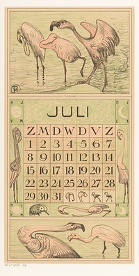 Kalenderblad juli met flamingo's (1916) by Theo van Hoytema, Tresling and Comp and Firma Ferwerda en Tieman