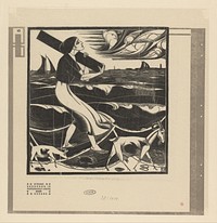 Vrouw die een balk draagt en twee geiten aan het strand (1919) by Bernard Essers, De Volharding B V and De Hooge Brug