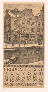 Kalenderblad februari met stadsgezicht in Amsterdam (1923) by Ferdinand van Wolde