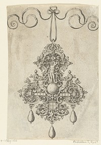Voorzijde van hanger met naakte godheid met schild, zittend op een bol (1581) by anonymous, Hans Collaert I and Philips Galle