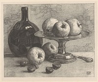 Stilleven met een fles, een schaal, appels, kastanjes en een mes (1876 - 1931) by Corrie Pabst