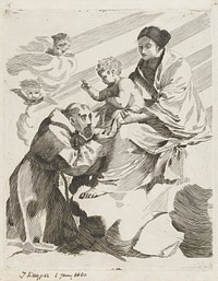 De aanbidding van het Christuskind door de heilige Franciscus (1860) by J Kuyper prentmaker