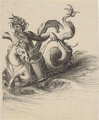 Naakte man met baard en hoofdtooi van rietstengels op de rug van een zeepaard (1623 - 1653) by Salomon Savery and Pieter Nolpe
