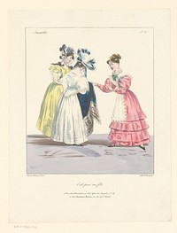 Vrouw laat twee andere vrouwen een stuk stof zien (1827 - 1829) by Charles Philipon, Charles Philipon, Pierre François Ducarme, Jean Fréderic Ostervald and Hautecoeur Martinet