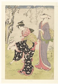 Twee vrouwen en een meisje onder een bloesemende kersenboom (1782 - 1786) by Torii Kiyonaga