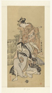 Acteurs Nakamura Utaemon I en Arashi Hinaji in het toneelstuk Kiyomizu Seigen (1769) by Ippitsusai Bunchô and Nishimura Yohachi