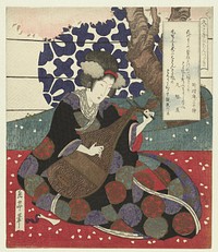 Vrouw stemt een biwa (c. 1823) by Yashima Gakutei, Gachoan Michitane and Hisakataya