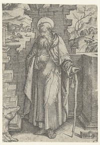 Heilige Antonius de Grote met taukruis en varken (1510 - 1520) by Nicoletto da Modena and Marcantonio Raimondi