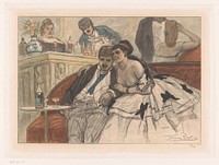 Man en vrouw zittend op een rode bank bij de bar van een theater (1864 - 1912) by Albert Bertrand and Félicien Rops
