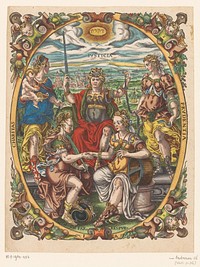 Personificaties van Justitia, Caritas, Prudentia, Pax en Republica (1579) by Jost Amman