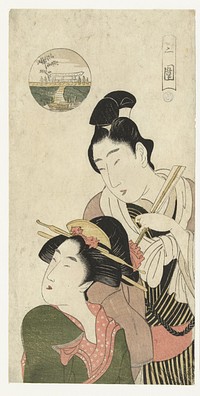 Man en vrouw denkend over bezoek aan Mimeguri (1800 - 1809) by Momokawa Chôki