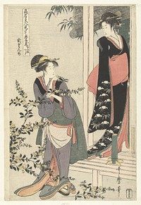 Twee vrouwen bij een bloeiende yamabuki struik: de tweede akte. (1795 - 1800) by Kitagawa Utamaro and Omiya Gonkuro