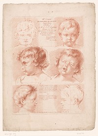 Titelprent met zes kinderhoofden, waarvan twee in schematische weergave (1784 - 1796) by Roubillac, Pierre Thomas Le Clerc, Mondhare and Jean and Franse kroon