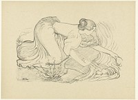 Wasvrouw zit op knieën aan waterkant (1895) by Aristide Maillol, Aristide Maillol, L Epreuve and P Lemaire