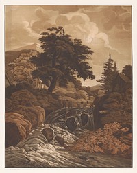 Heuvelachtig landschap met waterval en houten brug (c. 1770 - c. 1820) by anonymous